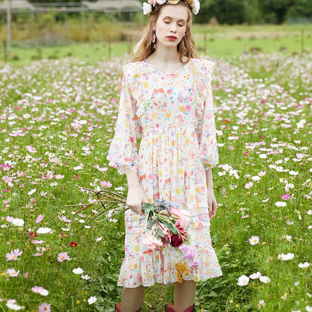 Unlogical Poem Colorful Print Pattern Chiffon Drawstring Doll Dress